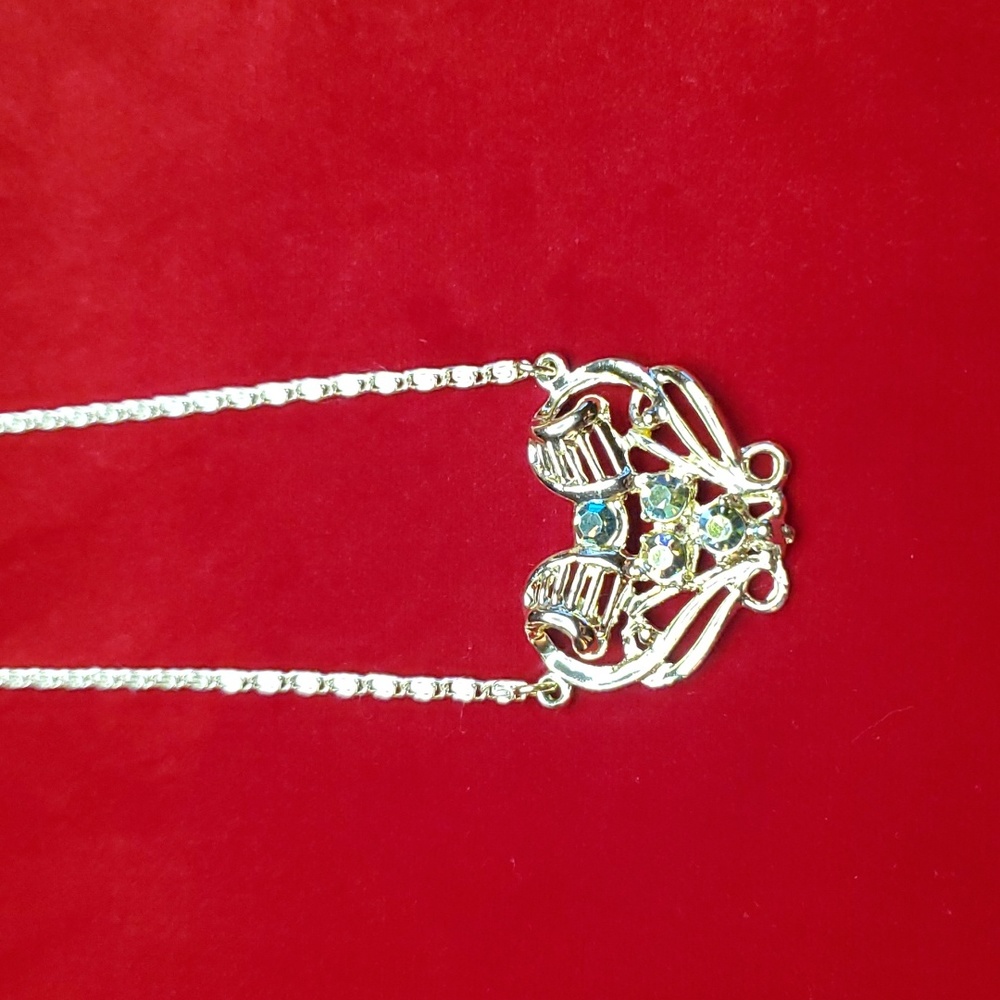 Vintage AB Rhinestone Heart Harp Lavalier Necklace - 1950s
